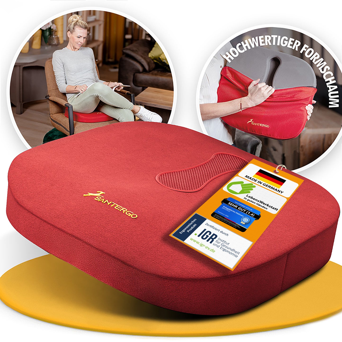 A: SANTERGO orthopädisches Sitzkissen [STABIL & KOMFORTABEL] - Sitzkissen für Bürostuhl und Auto, Sitzpolster Hämorrhoiden, Steißbeinkissen, Homeofficekissen