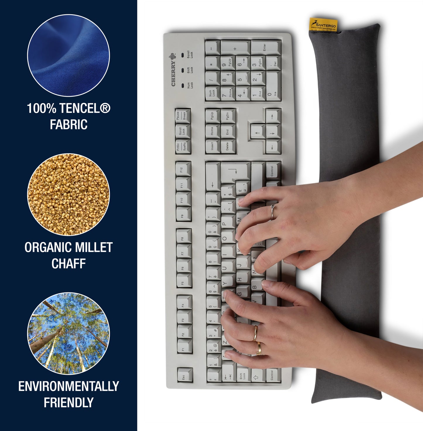 SANTERGO Keyboard Pad (1.0-CLASSIC) Wrist Rest Ecological Ergonomic with Organic Millet Chaff to Relieve the Wrists, Cushion Support, Easy Typing, Office, Computer, Pillow Fabric: TENCEL®