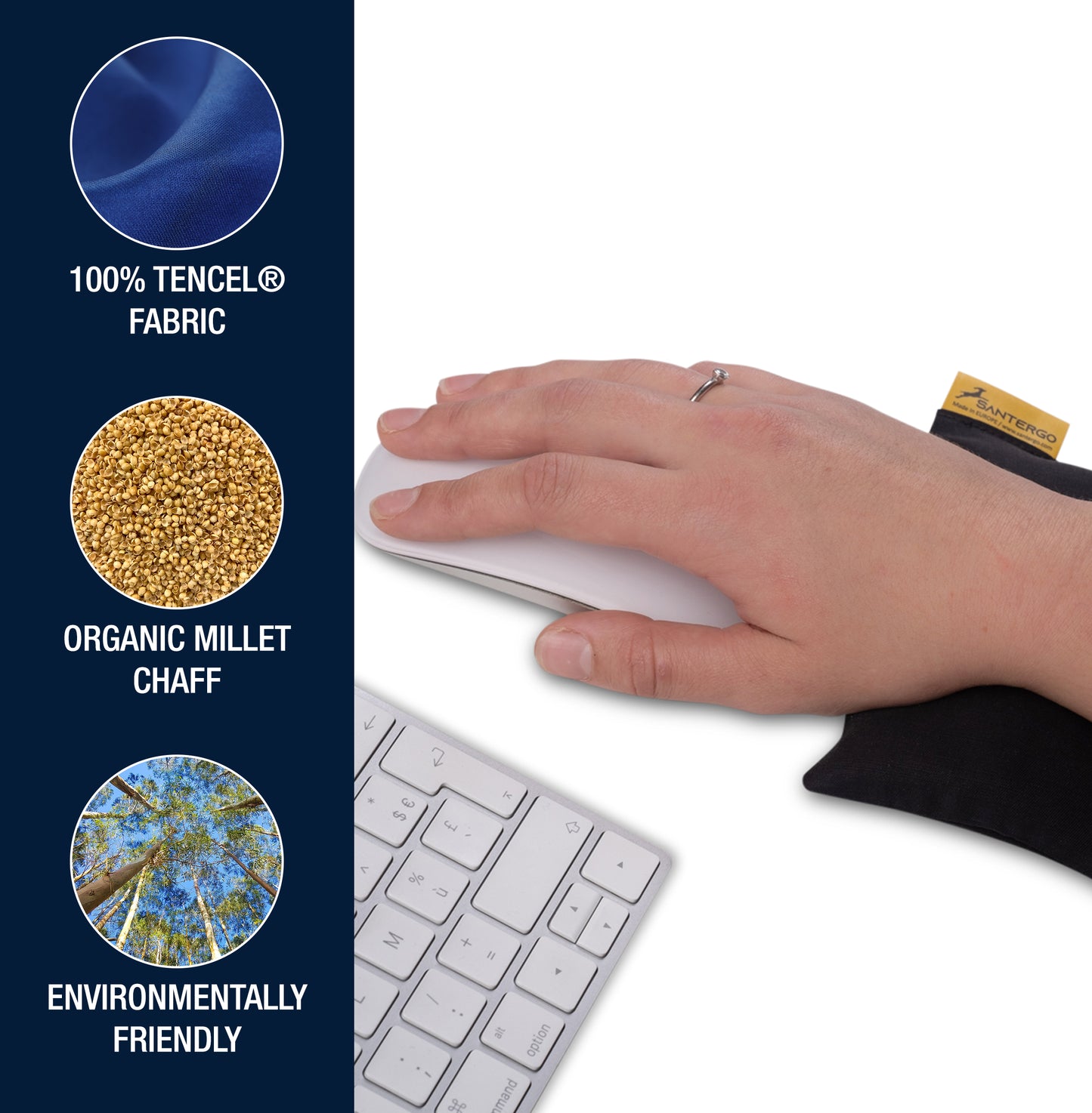 SANTERGO Mouse Pad (1.0-CLASSIC) Wrist Rest Ecological Ergonomic with Organic Millet Chaff, to Relieve the Wrists, Cushion Support, Easy Typing, Office, Computer, Pillow made of TENCEL® fabric