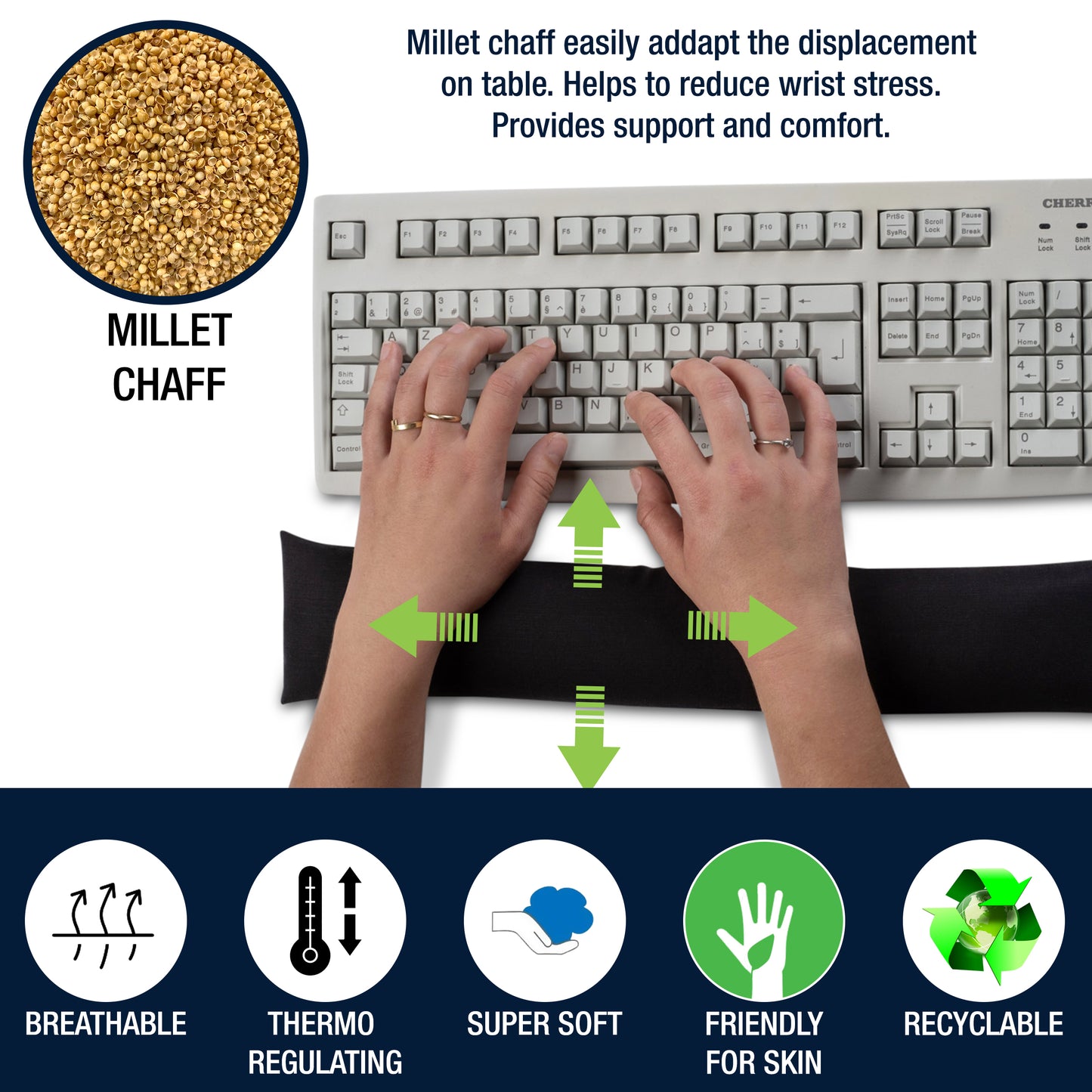 SANTERGO Keyboard Pad (1.0-CLASSIC) Wrist Rest Ecological Ergonomic with Organic Millet Chaff to Relieve the Wrists, Cushion Support, Easy Typing, Office, Computer, Pillow Fabric: TENCEL®